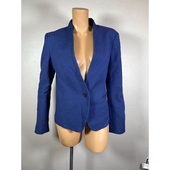 Loft Suit Jacket Blazer Women's 10 Blue Shoulder Pads Long Sleeve Button Short - Picture 1 of 13